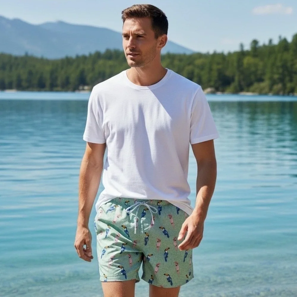 johnnie-O Men Bird of Paradise Swim Trunks Seafoam Green XXL JMSS3130 7in Inseam